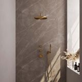 Brauer Gold Edition Thermostatische Regendoucheset Inbouw - Hoofddouche 30 cm - Gebogen Wandarm - Handdouche Staaf - Doucheslang - Wandaansluitbocht - Geborsteld Goud