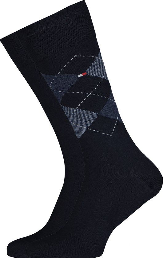 Tommy Hilfiger Check Socks (2-pack) - herensokken katoen - geruit en uni - donkerblauw