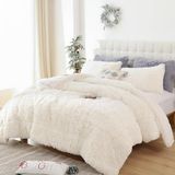 Smoofy Shaggy Dekbedset, pluizige dekbedset queen/full, 3-delig dekbed, ultrazachte pluche en fluwelen flanellen stof, beige, 1 dekbed (gevuld) en 2 kussenslopen (niet gevuld)