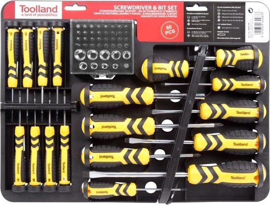 Toolland Schroevendraaier- en bitset - 60-delig - Magnetisch - Wandmontage