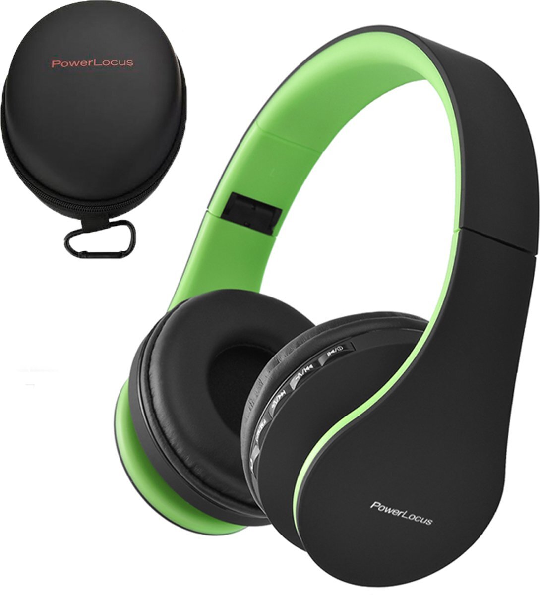 PowerLocus On-ear Bluetooth koptelefoon Wireless Inklapbaar Headset Oplaadbaar Over-ear Bluetooth Headphones ook met AUX kabel option en Reis Hoesje voor PC Reis iPhone Mac iPad - Zwart/Groen