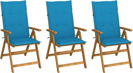 vidaXL Set van 3 klapstoelen met kussens, massief acaciahout, blauw