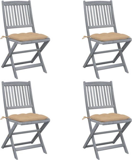 vidaXL Set van 4 klapstoelen met kussens, massief acaciahout, beige