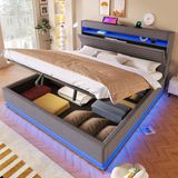 STILVORA Gestoffeerd Bed 180x200 cm – LED & USB-C Oplaadfunctie – Hydraulische Opbergruimte – Zonder Matras – Linnen – Grijs