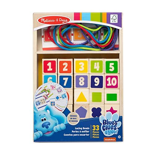 MELISSA & DOUG Blue’s Clues & You! Wooden Lacing Beads - 25 Beads, 4 Cords | Houten spellen | Ontwikkelingsspeelgoed | Montessori-speelgoed | 3+ | cadeau voor jongen of meisje