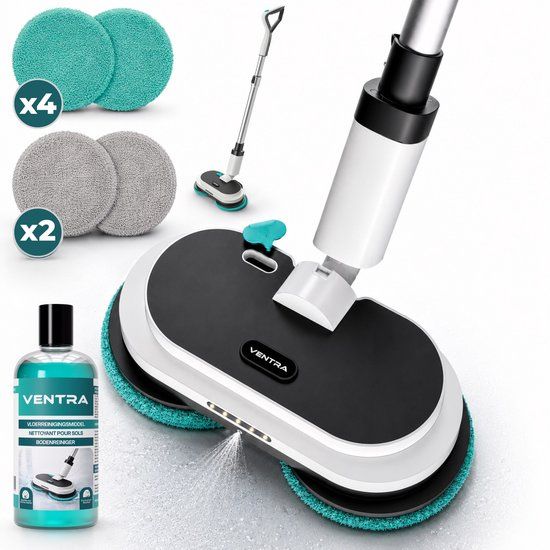 Ventra Elektrische Dweil - Dweilsysteem - Vloerreiniger - Dweil met Spray - 3300mAh - Draadloos - >60min Dweilen - Inclusief 6 Microvezelpads en Vloershampoo