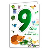 Age Mv 69-2009 wenskaart verjaardag 9 jaar kinderen jongens meisjes motief kat vogels geschenken