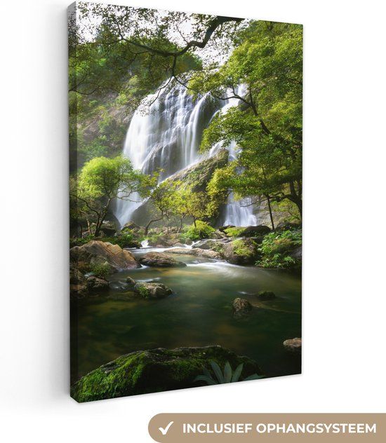 OneMillionCanvasses Canvas schilderij - Waterval - Natuur - Bomen - Zon - 90x140 cm