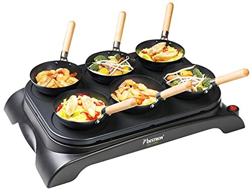 Bestron elektrische Party-Wok-Set, elektrische tafelgrill met mini wok pannen voor 6 personen, incl. 6 houten pannetjes & 1 opscheplepel, 1000 Watt, kleur: zwart
