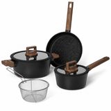 JustCook Pannenset Inductie – 6-delig – Marmeren Antiaanbaklaag – Met Glazen Deksels en Frituurmand – Zwart