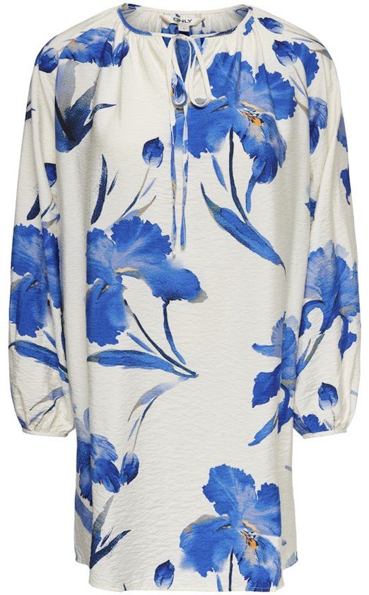 ONLY Gebloemde Mini Jurk met Lange Mouwen en Ronde Hals - Bright White