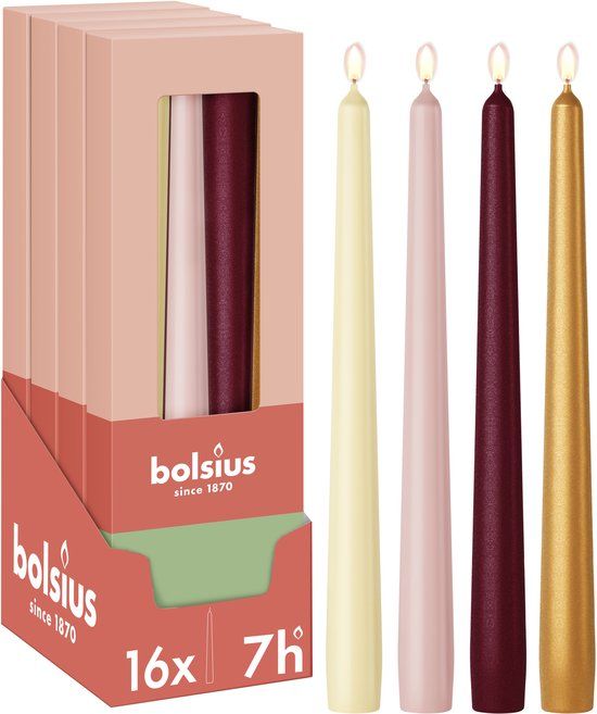 Bolsius Dinerkaarsen Set - 16 stuks - Haptic Luxury - Ivoor - Roze - Rood - Goud - 7 Branduren