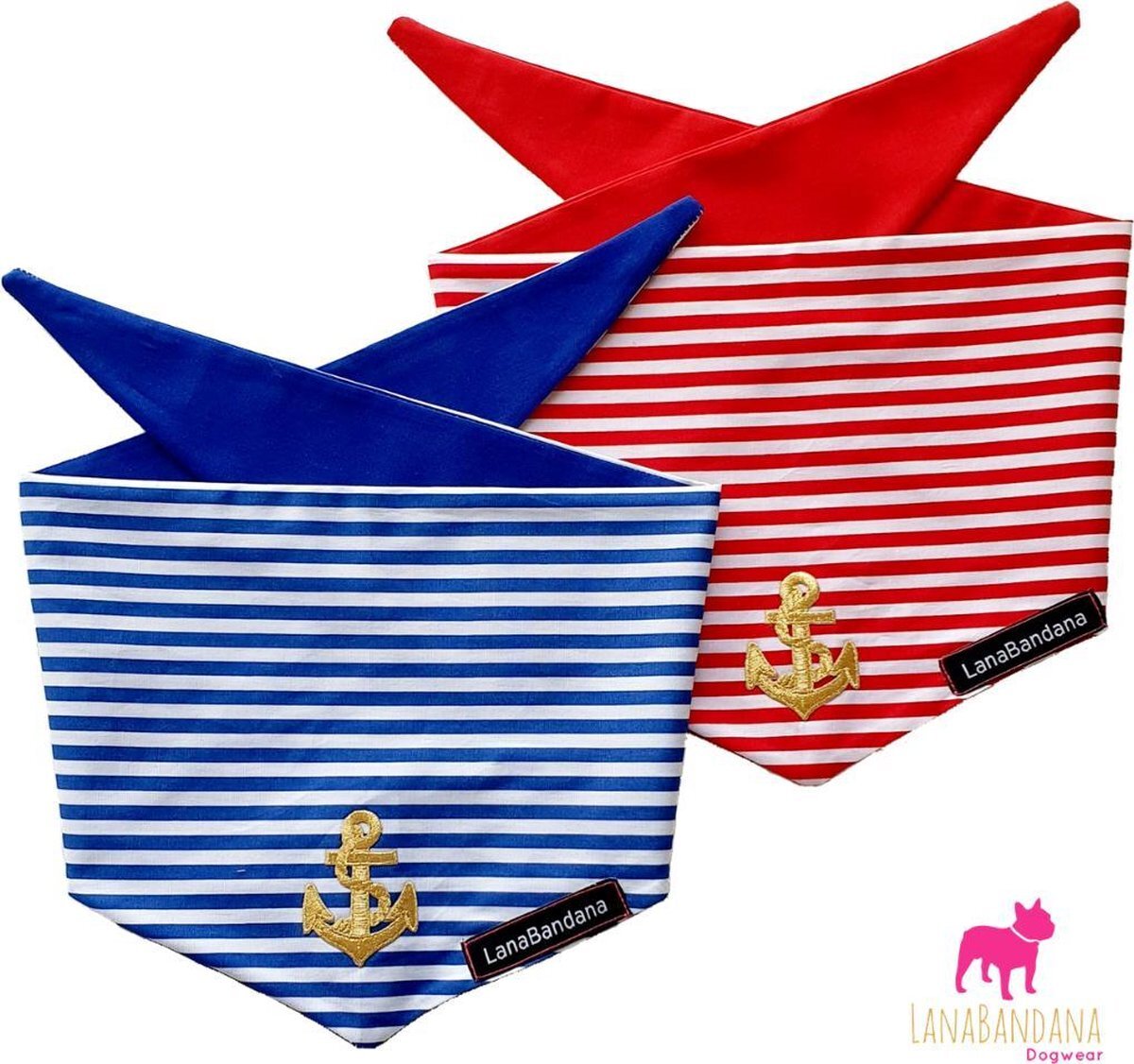 LanaBandana Dogwear Honden bandana | Knoopbandana | Anchor Red maat S wit, rood, goud