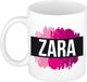 Bellatio Decorations Zara naam cadeau koffie mok - beker - met roze verfstrepen - Cadeau collega - moederdag - verjaardag - juf - coach - 300 ml - wit