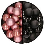 Decoris Kerstversiering 32x stuks kunststof kerstballen mix van oudroze en zwart 4 cm