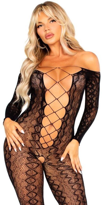 Leg Avenue - Crotchless Bodystocking In Exotic Snake Lace Black