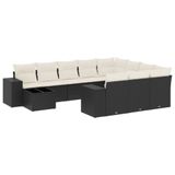vidaXL 11-delige Loungeset met kussens, poly rotan, zwart