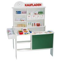 roba Speelgoedwinkel voor kinderen – met 4 laden, klok, bord, voorbank en zijtafel – met accessoires – holistisch spel – wit gelakt hout