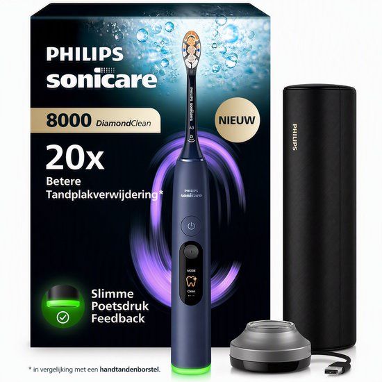 Philips Sonicare Next-Generation DiamondClean 8000 Elektrische Tandenborstel - Slimme Poetsdruksensor, Persoonlijke Coaching, Wittere Tanden & Gezonder Tandvlees - Donkerblauw - HX8311/13