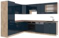 Vicco Keukenblokken Fame-Line, Donkerblauw hoogglans/Goudkleurig Eiken, 287 x 227 cm zonder werkblad