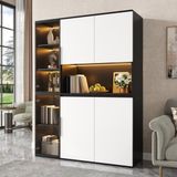 OKWISH Buffetkast - Hoge Vitrinekast Met LED-Verlichting - 120 x 40 x 160 cm - Glaselementen En Opbergruimte - MDF Zwart Wit