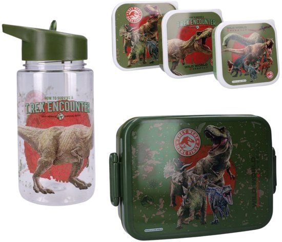 4KidsOnly Jurassic World lunchset; lunchbox snackbox en drinkfles