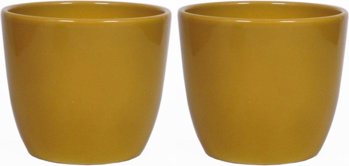 Floran 2x stuks bloempot oker geel keramiek H15 x D17.5 cm - plantenpotten binnen