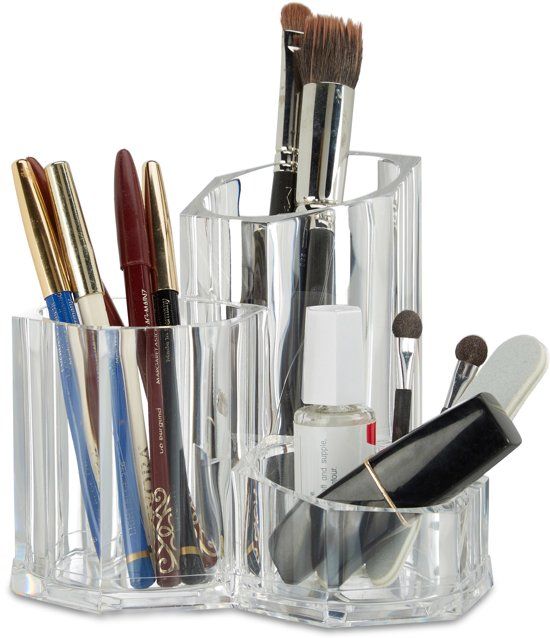 Relaxdays Make-up Houder Transparant - 3 Vakken - Penselenhouder