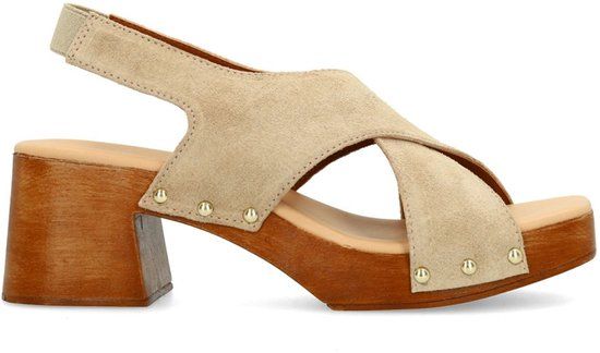 Sacha - Dames - Beige suède sandalen met houten hak - Maat 41