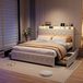 Boxspringbed 160x200 cm met 4 lades, opbergkopstuk, LED-verlichting, USB-aansluiting en Type-C poort, lattenbodem, veloursbeige, zonder matras
