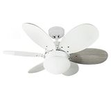 Wonderlamp - Plafondventilator met licht, omkeerbare vleugels, 1 x E27, max. 60 W, 3 snelheden, zomer-/winter, wit of grijs