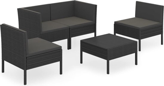 vidaXL 5-delige Loungeset met kussens poly rattan zwart