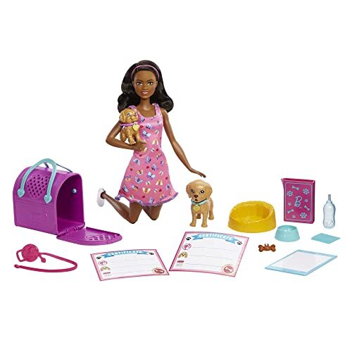 Barbie Poppen en Accessoires Pup Adopteren, speelset met pop, brunette, in roze, 2 puppy's, van kleurveranderend dier en hondentoilet, werkende reismand en 10 onderdelen HKD87