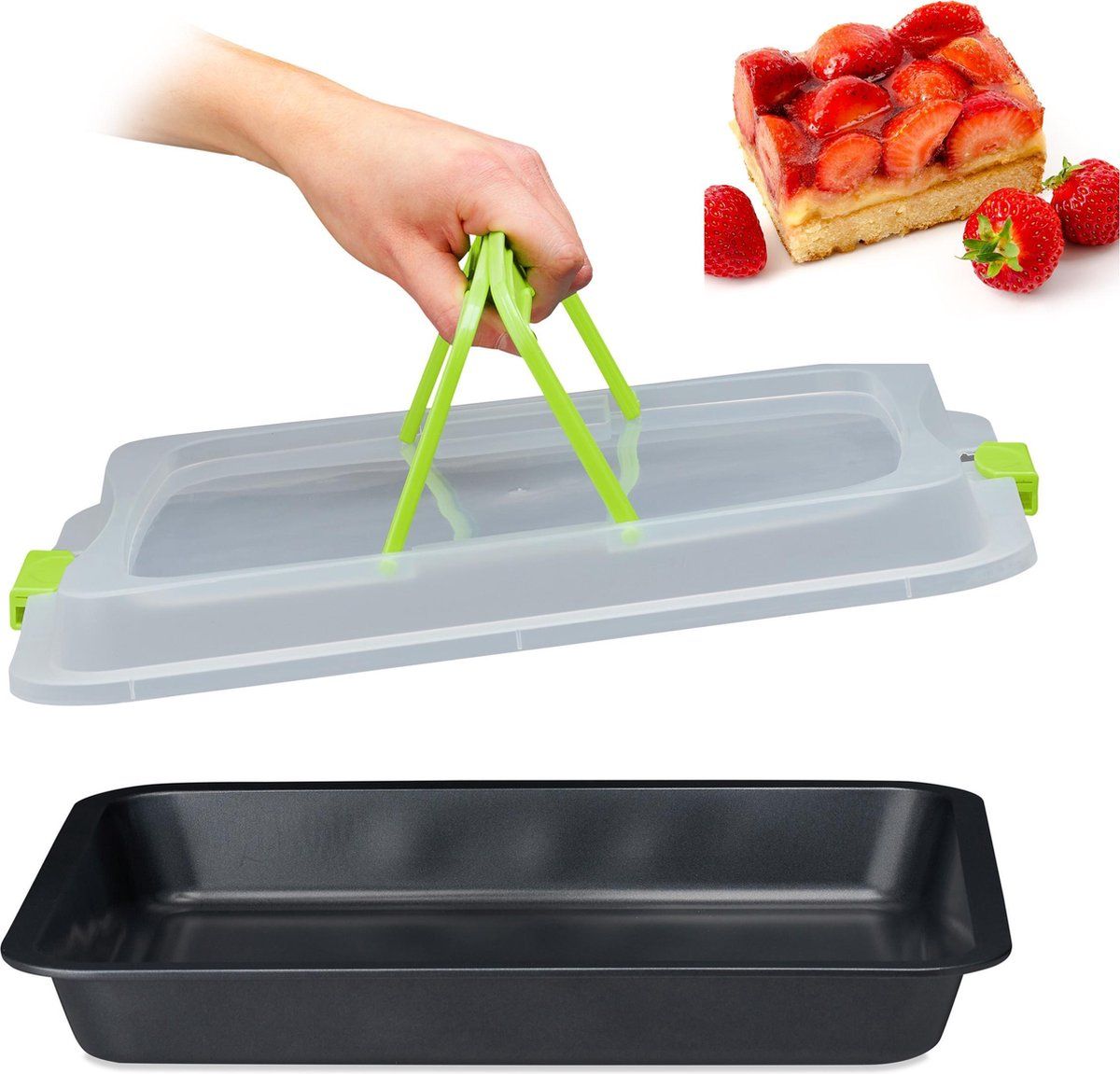 Relaxdays Bakvorm met Deksel - Taartdoos - Transportbox voor Taart - 3 in 1 - Groen