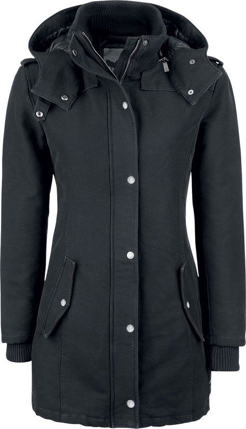 Black Premium by EMP gevoerde zwarte winterjas met afneembare capuchon en modieuze epauletten - Dames - 5XL