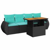 vidaXL 5-delige Loungeset met Kussens, Zwart, Polyrattan