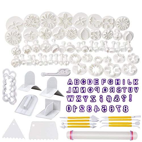 Soleebee 114-delige fondant uitsteekvormpjes, set uitsteekvormpjes voor letters, cijfers, rozenbloemvormen, set, fondant, gereedschap, uitwerper, stempel, modelleergereedschap voor taartdecoratie