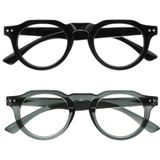 OPULIZE RIO - 2-Pack - Blauwlichtfilter Leesbril - Plat Bovenstuk - Zwart & Grijs - Heren & Dames - Veerscharnieren - BB53-17 - +3.50