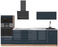 Vicco Complete keukeneenheid Fame-Line, Donkerblauw hoogglans/Goudkleurig Eiken, 280 cm, WB Marmer