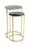 HAKU Salontafel ronde bijzettafel met glasplaat set van 2 goud zwart metaal veiligheidsglas 5 mm - Maat: H 50/60 cm x Ø 30/35 cm, Stijl: Glam