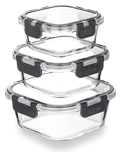 Igluu Meal Prep - Glazen stapelbare vierkante containers (3-pack) - BPA-vrije lunchbox voedselopslagset. Innovated lekvrije scharnierende luchtdichte deksels. magnetron, oven en vaatwasser - veilig (800ml, 520ml, 320ml)