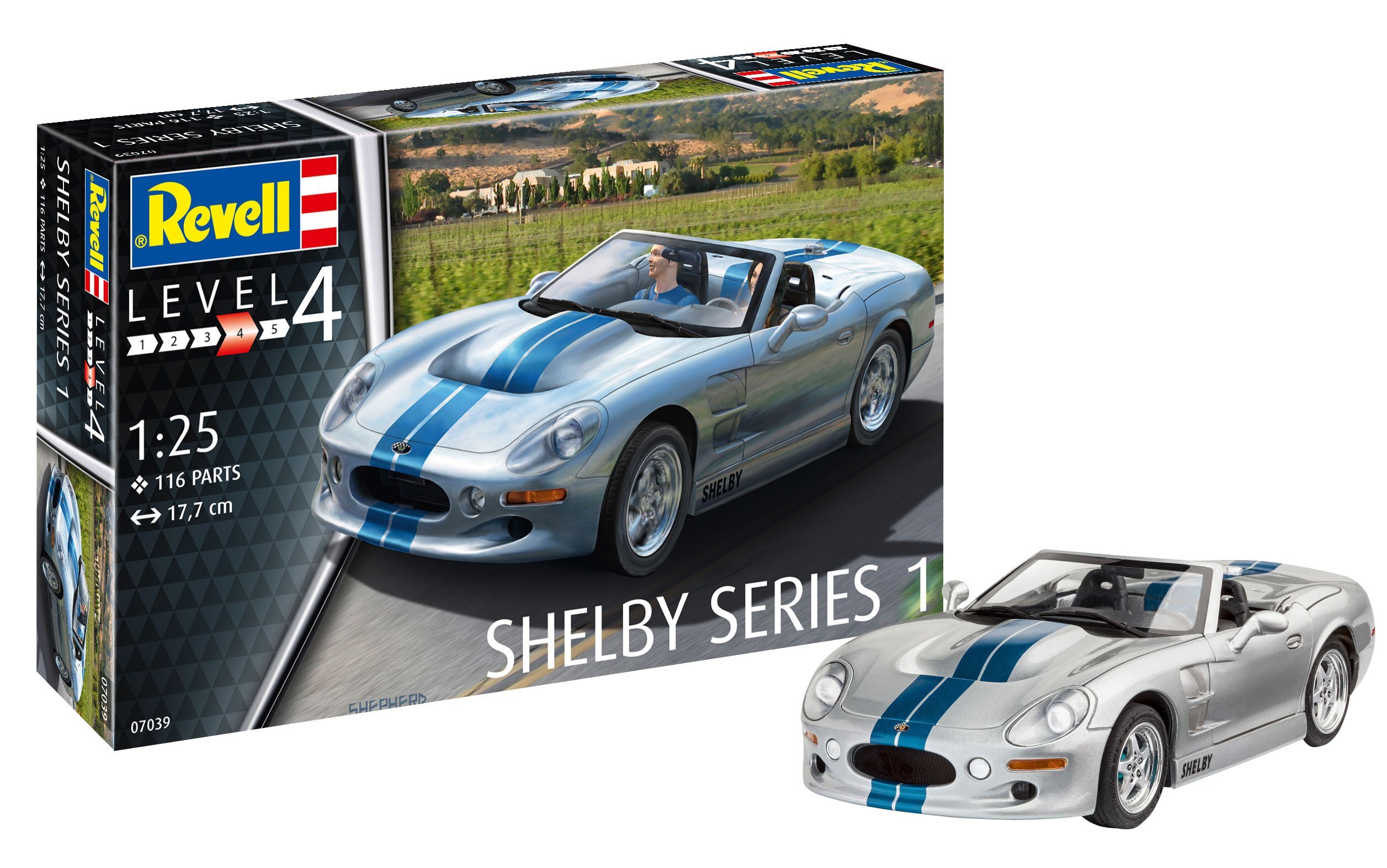 Revell 12 Modellbausatz 07039 „Shelby Series I“, Auto im Maßstab 1:25, Level 4, originalgetreue Nachbildung mit vielen Details