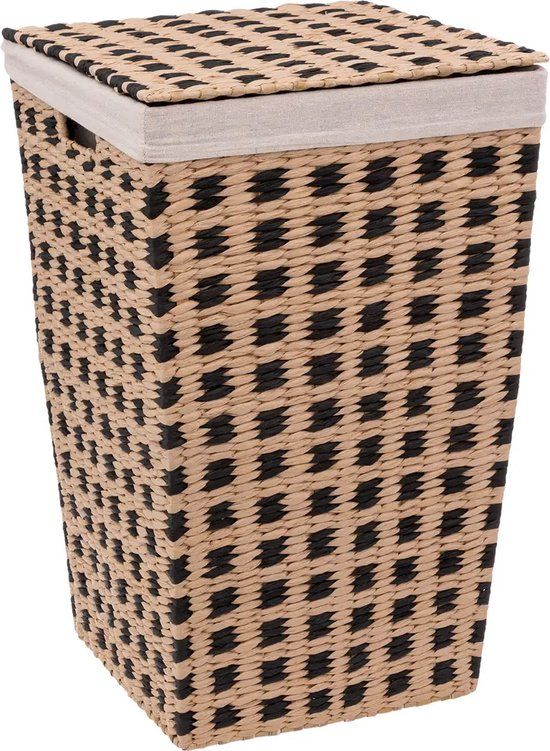 5Five Wasmand Gevlochten Riet - Beige/Zwart - 40 Liter - Met Deksel