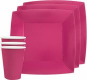 Santex feest/verjaardag servies set - 20x gebaksbordjes en bekertjes - fuchsia roze - karton