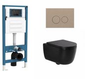 QeramiQ Dely Swirl Toiletset - inbouwreservoir Qeramiq Flush - 35mm zitting - kunststof taupe bedieningsplaat - ronde knoppen - mat zwart