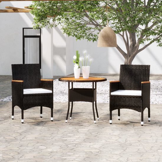 The Living Store Tuinset - The Living Store - tuinmeubelen - 80 x 75 cm - zwart - poly rattan - staal - massief acaciahout