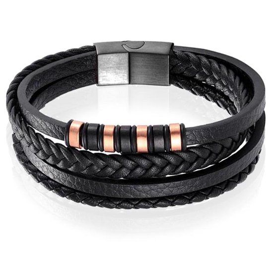 Mendes Lookinggoodtoday Leren heren armband Multi Mendes Edelstaal Zwart Rose-21.5cm