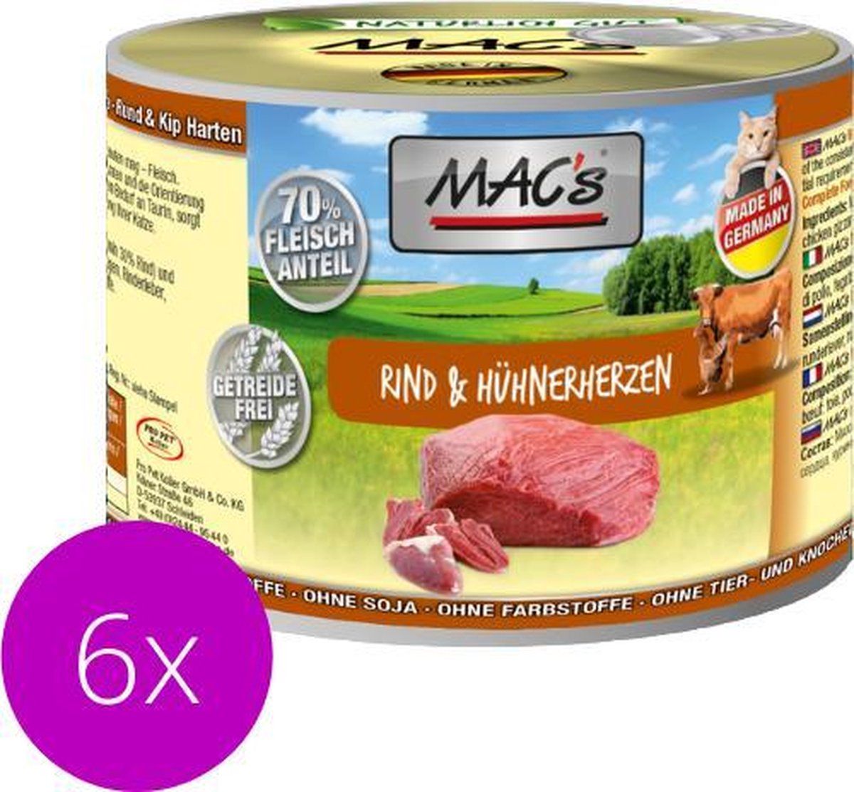 MAC's Kattenvoer Natvoer Blik 70% Rund & Kippenhart 6 x 200g