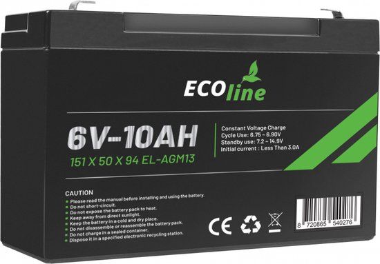 EcoLine AGM 6V 10AH 10000mAh VRLA Battery - Deep Cycle