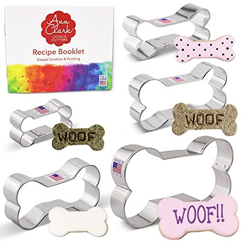 Ann Clark Cookie Cutters 5-delige hondenbot en biscuit koekjessnijder set met receptenboekje, 2 inch, 3 inch, 3,5 inch, 4 inch, 5 inch